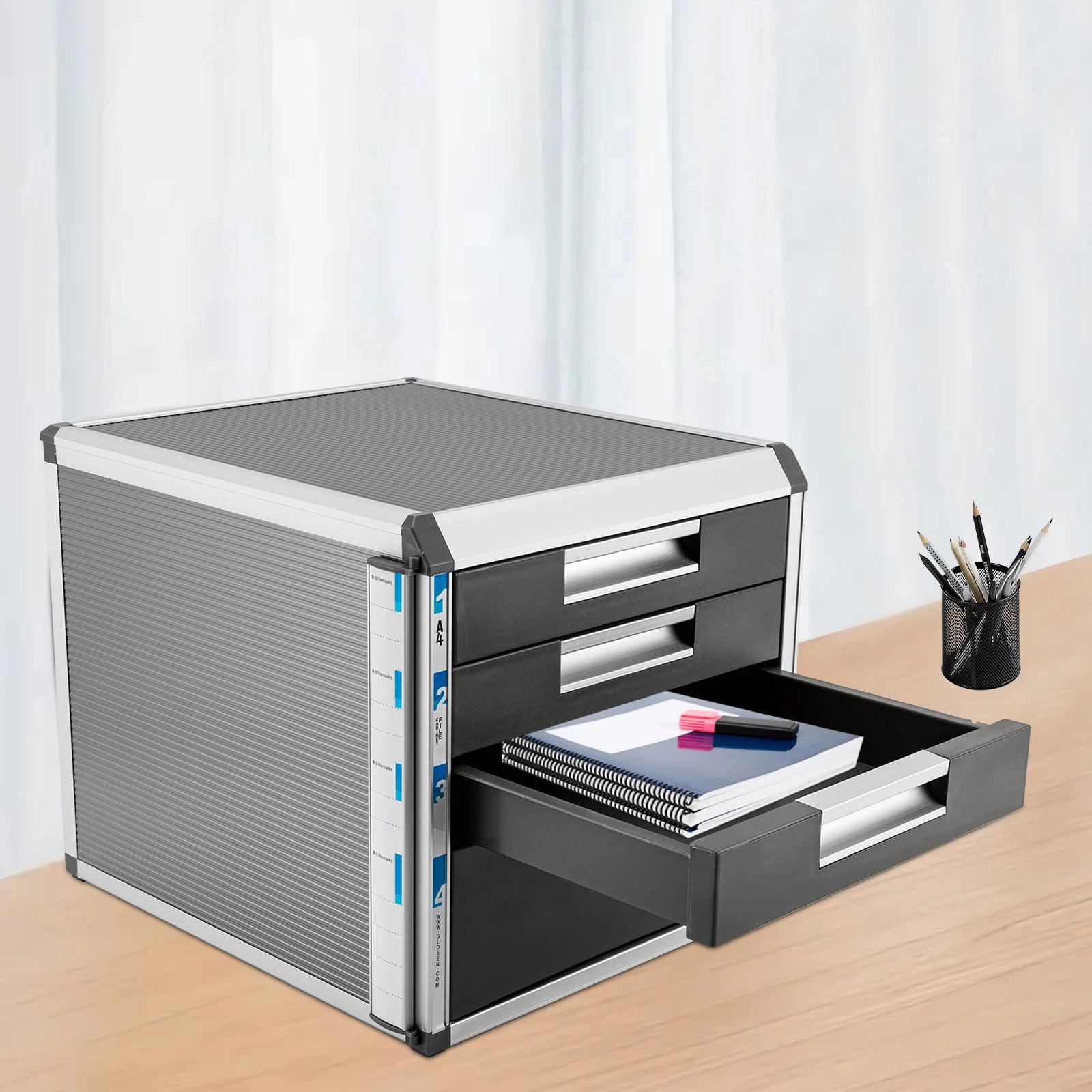 Silver Metal Drawer Box Lockable 4 Compartments DIN A4 Aluminium Alloy Document Storage Box Robust Organiser Box Document Box
