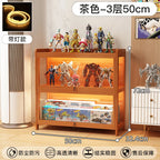 Display Cabinet Acrylic Curio Cabinet with Lock Glass Display Cabinet Natural Bamboo  Glass Cabinet Easy to Install，With Lights