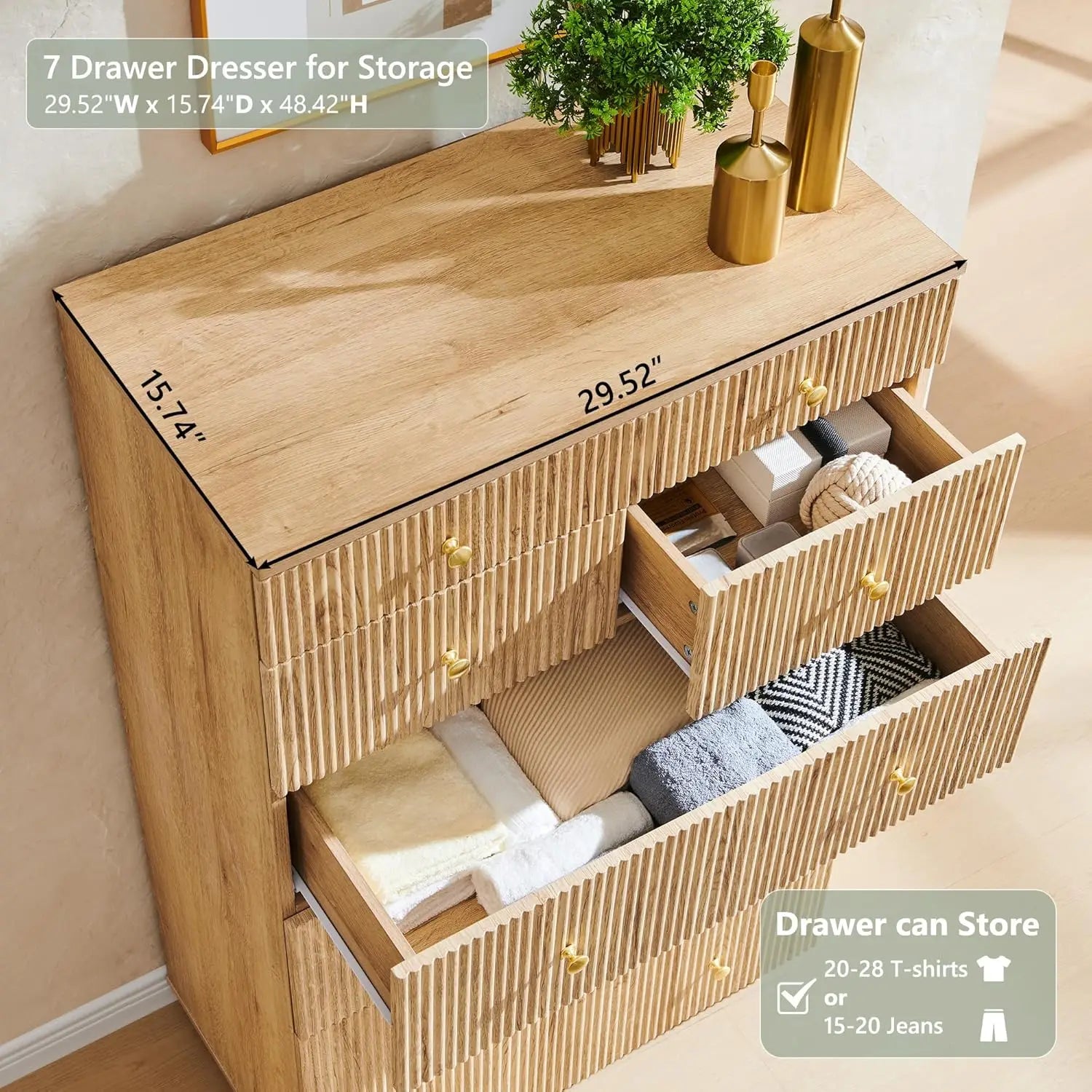 Fluted Dresser for Bedroom, 48" H 7 Drawer Dressers, Wood Tall Dresser Storage Organizer, Modern Bedroom Chest with Deep Storage