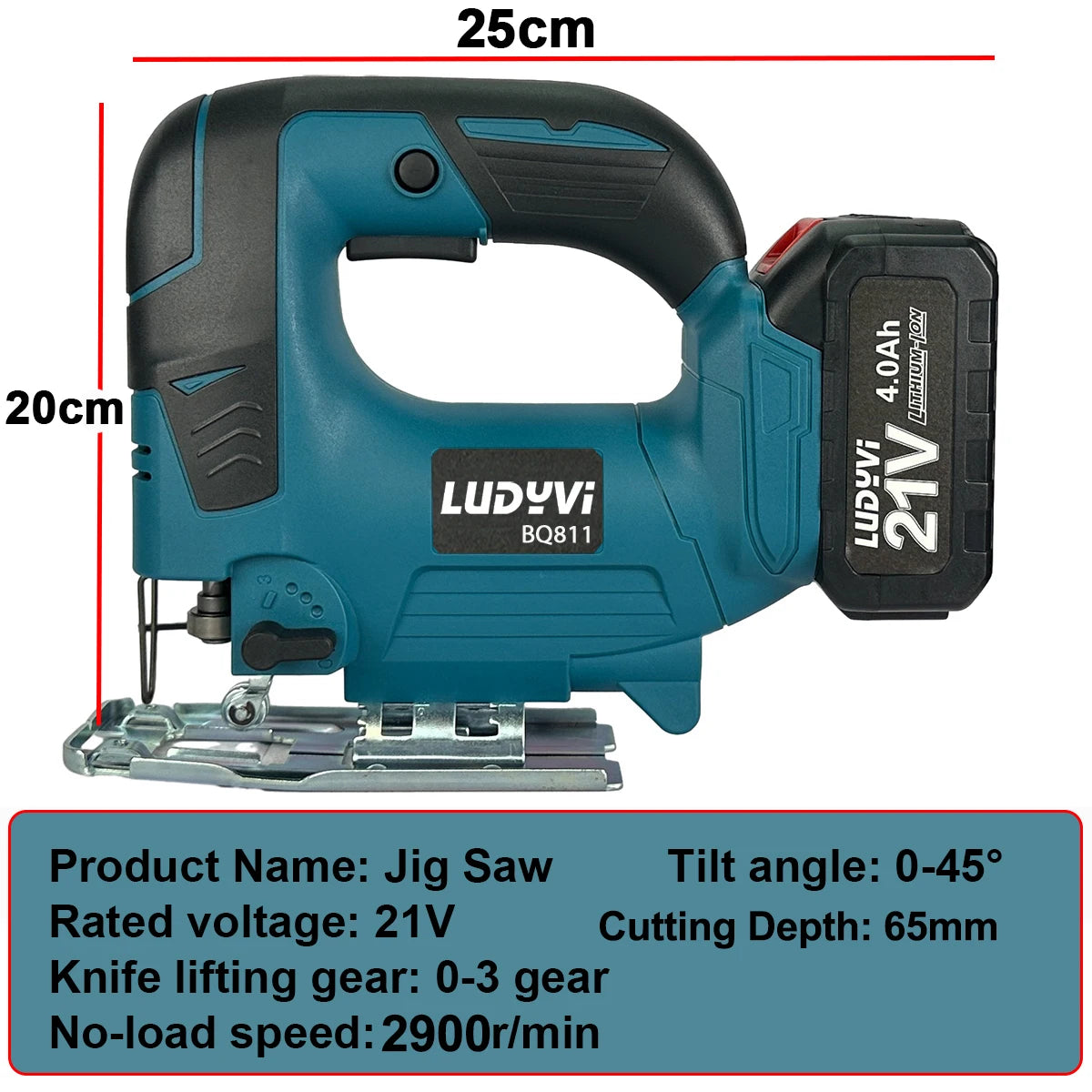 65mm 2900RPM Cordless Electric Jig Saw 3 Variable Speed 21V Battery Jigsaw Multifunctional Electric Tool