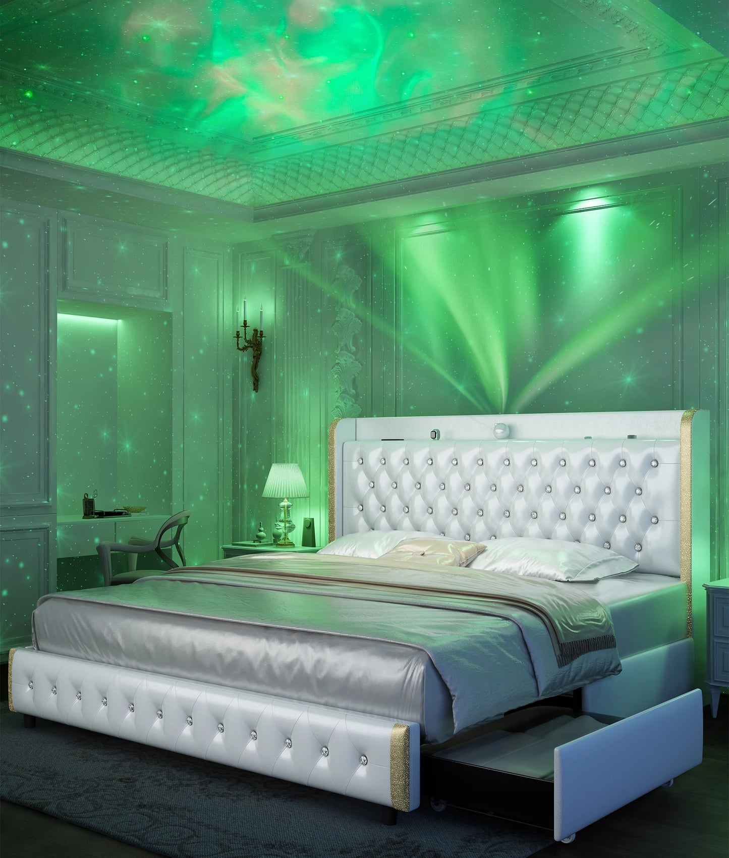 GEGOFORU Queen LED Bed Frame with Galaxy Projector, Bluetooth Speaker, USB Ports, 4 Drawers, No Box Spring Needed, PU Black