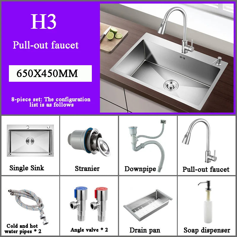 Stainless Steel Kitchen Sink Farm House Above Counter Undermounter Single Bowel Wash Basin with Faucet Drain Kitchen Accessories