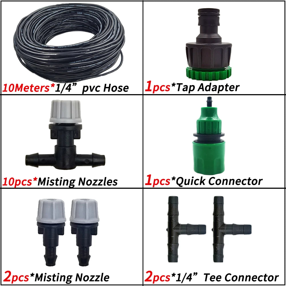 5M-30M Outdoor Misting Cooling System Garden Irrigation Watering 1/4'' Brass Atomizer Nozzles 4/7mm Hose for Patio Greenhouse