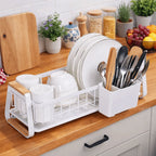 Detachable Kitchen Dish Rack Large Capacity Metal Frame Dish Drying Drain Rack Dish Drainer Wooden Handle Tableware Storage Rack