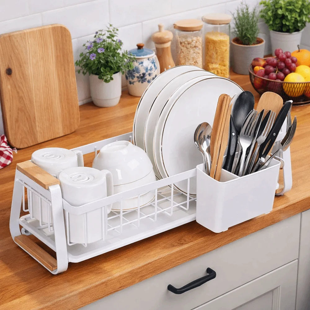 Detachable Kitchen Dish Rack Large Capacity Metal Frame Dish Drying Drain Rack Dish Drainer Wooden Handle Tableware Storage Rack
