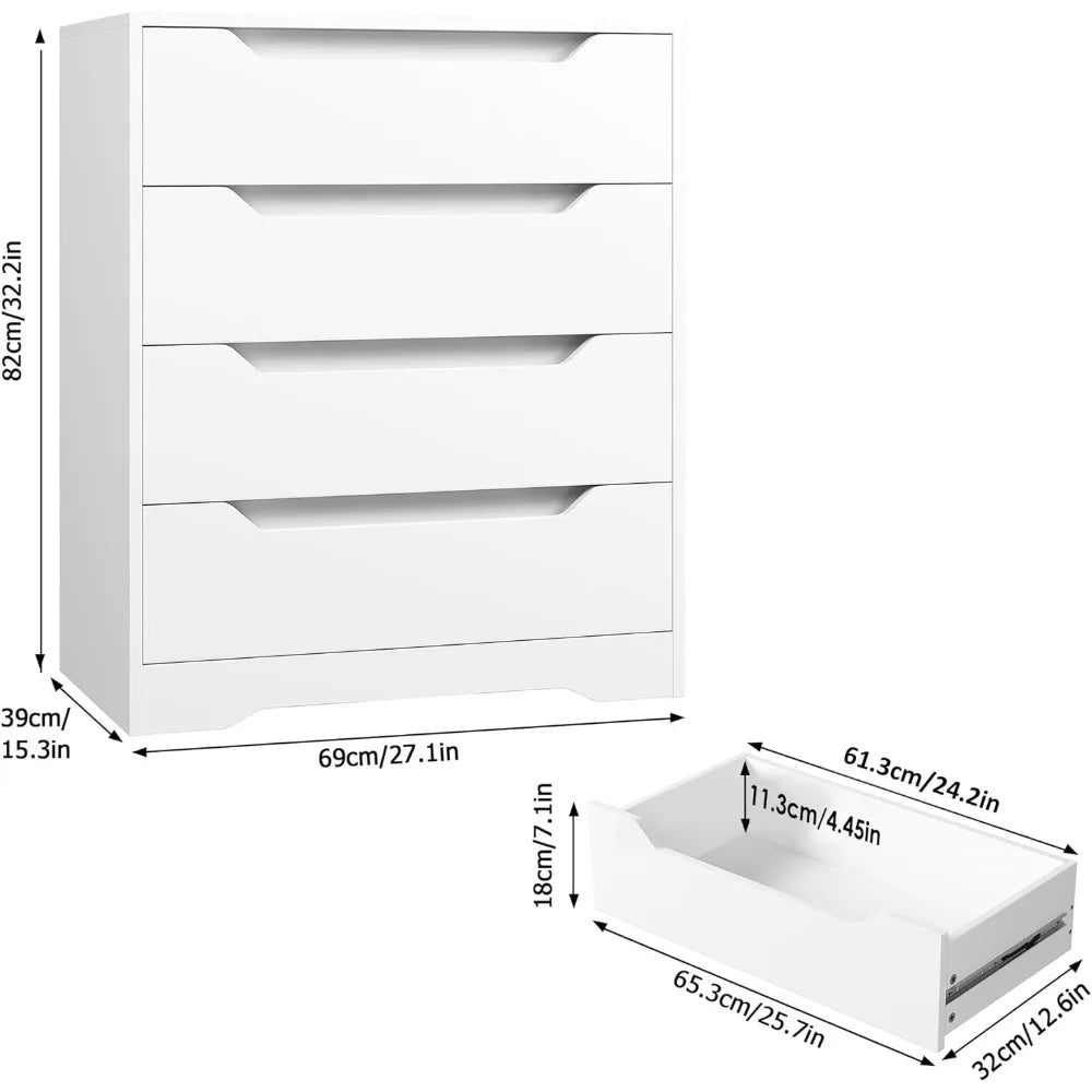 White Dresser, 4 Drawers Dresser, Modern Chest of Drawers with Cut-Out Handles, Small Dressers with Drawer, Wood Makeup Chest O