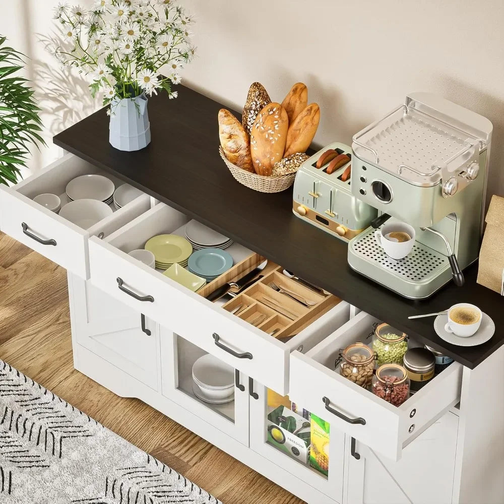 Sideboard Buffet Cabinet with Storage, 55" Kitchen Coffee Bar Cabinet with 3 Drawers & Glass Doors, Farmhouse Sideboard Buffet