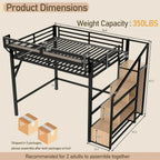 Queen Size Metal Loft Bed Frame with Storage Stairs, Side Shelf, Wardrobe, USB Ports, and LED Lighting