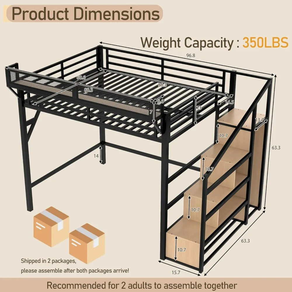 Queen Size Metal Loft Bed Frame with Storage Stairs, Side Shelf, Wardrobe, USB Ports, and LED Lighting