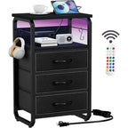 Bed Side Table with 3 Fabric Drawers,  LED Nightstand with Hooks, Bedside Table with Charging Station, End Table with Storage