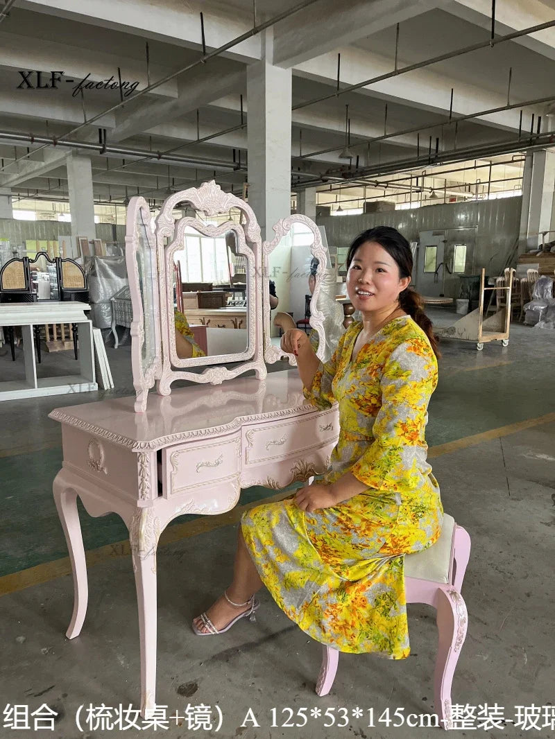 NEW y French retro pink dresser solid wood carving flower dressing table makeup stool glass combination