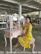 NEW y French retro pink dresser solid wood carving flower dressing table makeup stool glass combination