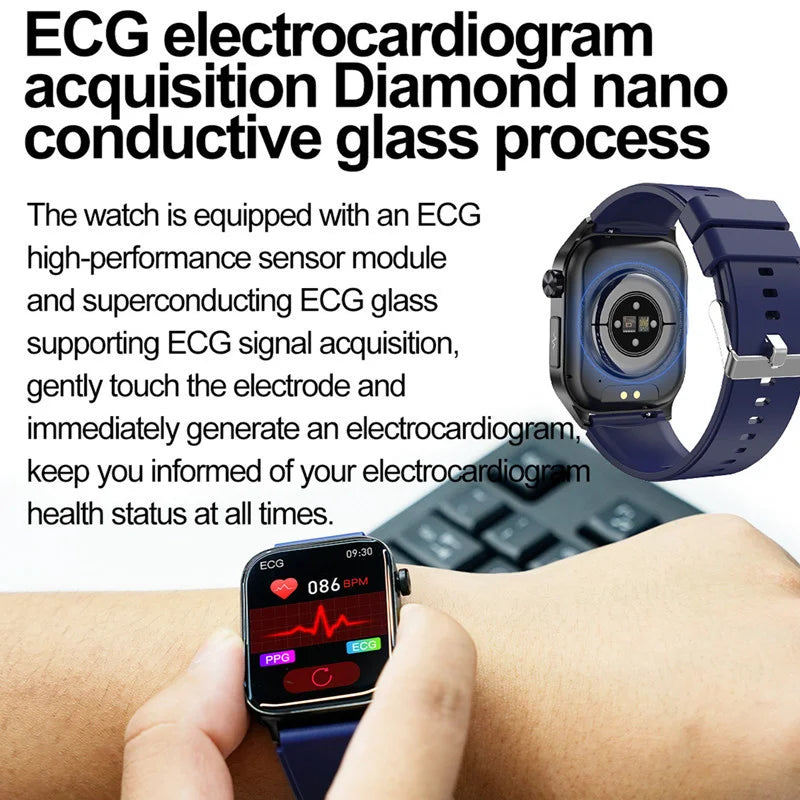 ET580 Smart Watch Men 2.04inch AMOLED Large Screen Bluetooth Call ECG Blood Pressure Oxygen Health Monitor SOS Smartwatch
