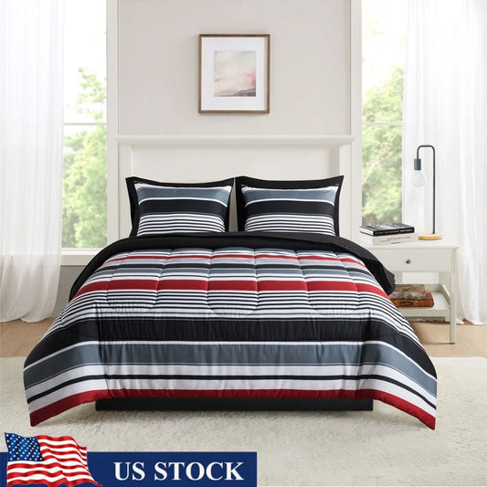 7 Piece Reversible Bedding Set Queen Comforter Sheets Pillowcases Shams Soft Polyester Machine Washable Unisex Storage Bag