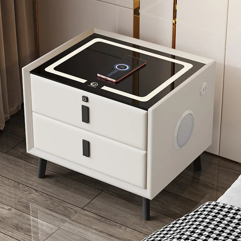 Nordic Style Smart Bedside Table with 2 Drawers 50cm Leather Nightstan