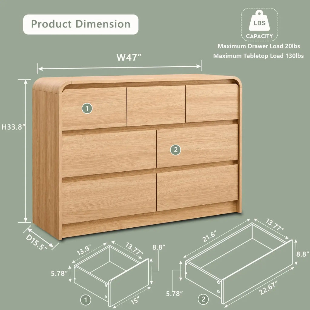7 Drawers Dresser for Bedroom, 47" Wide Wood Dressers & Chests of Drawers w/Curved Profile Design, Mid Century Modern Dresser