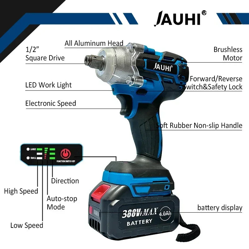 JAUHI 520N.M Brushless Electric Impact Wrench Cordless Electric Wrench 1/2 Inch Screwdriver Power Tools For Makita 18V Battery