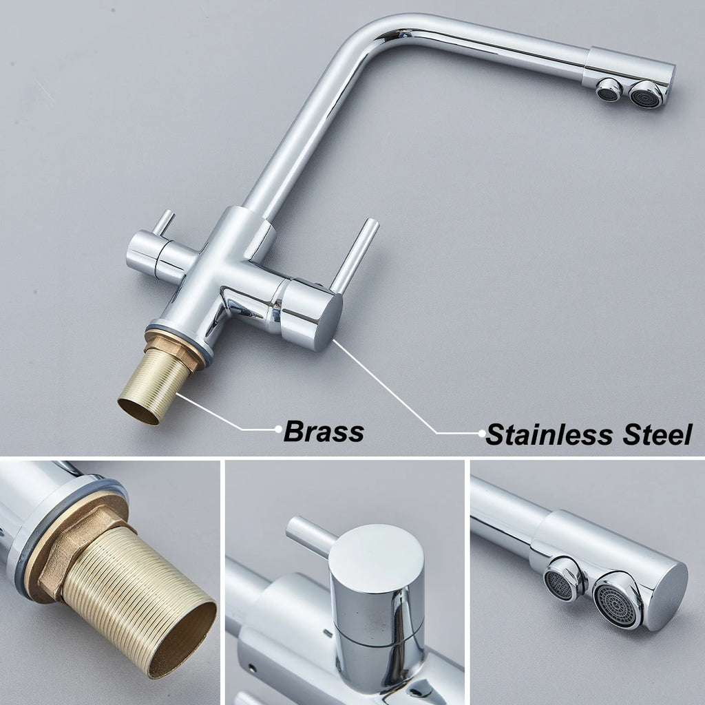 Pure Water Kitchen Faucet Chrome Stainless Steel Dual handle Hot Cold Water Mixer Tap Filtered Deck Mounted Torneira Crane Tap