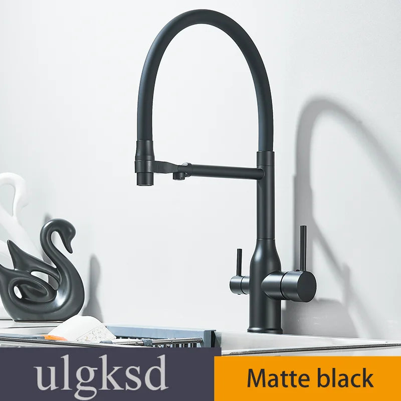 Kitchen Purified Water 2 Function Brass Cold and Hot Mix Faucet Black Flexible Water Pipe 360 Rotate Filtered Water Deck Install
