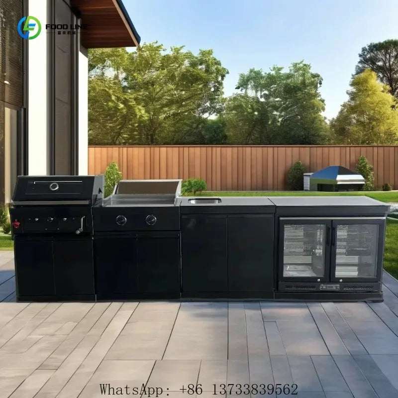 Customized Outdoor Kitchen Set Black 304 Stainless Steel Sink Cabinets Refrigerator Garden Charcoal Grill