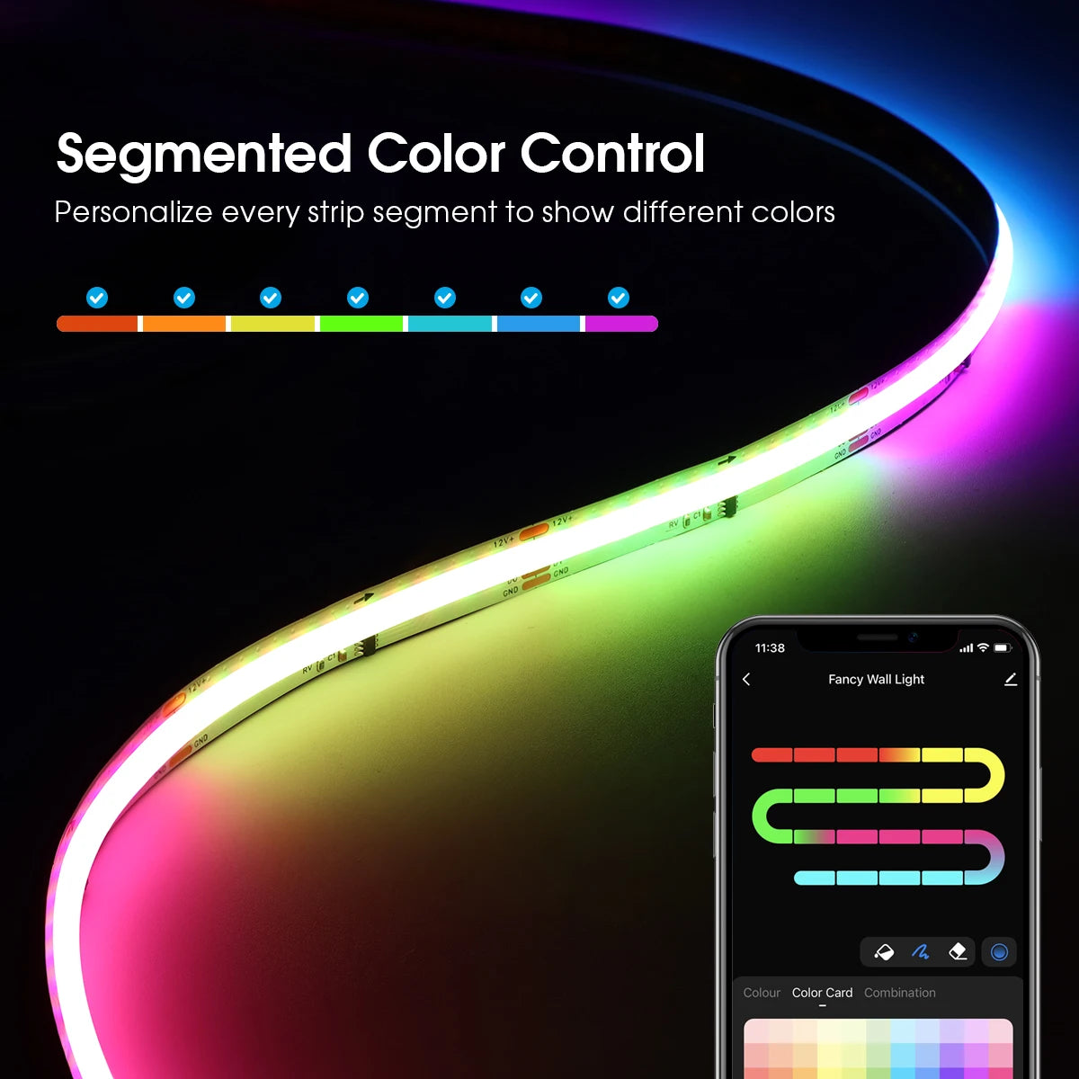 Tuya Smart WiFi Switch WS2811 COB RGBIC RGB LED Strip Light 12V Power Adapter Plug Dimmable Lamp LED Tape for Room Kitchen Decor
