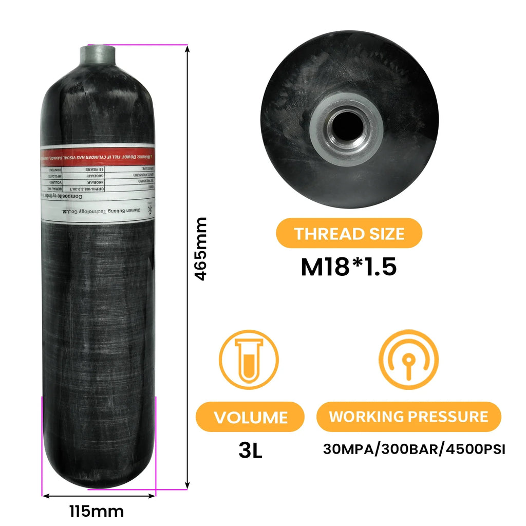 TUXING 4500Psi 300Bar 3L Carbon Fiber Cylinder with High Pressure Charging Regulator Valve Protective Carrier Bag M18*1.5