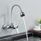 Wall Mounted Double Hole Kitchen Lead Free Hot and Cold Water Mixing Faucet Water Flow Spray Aerator 360 Degree Rotating Hose