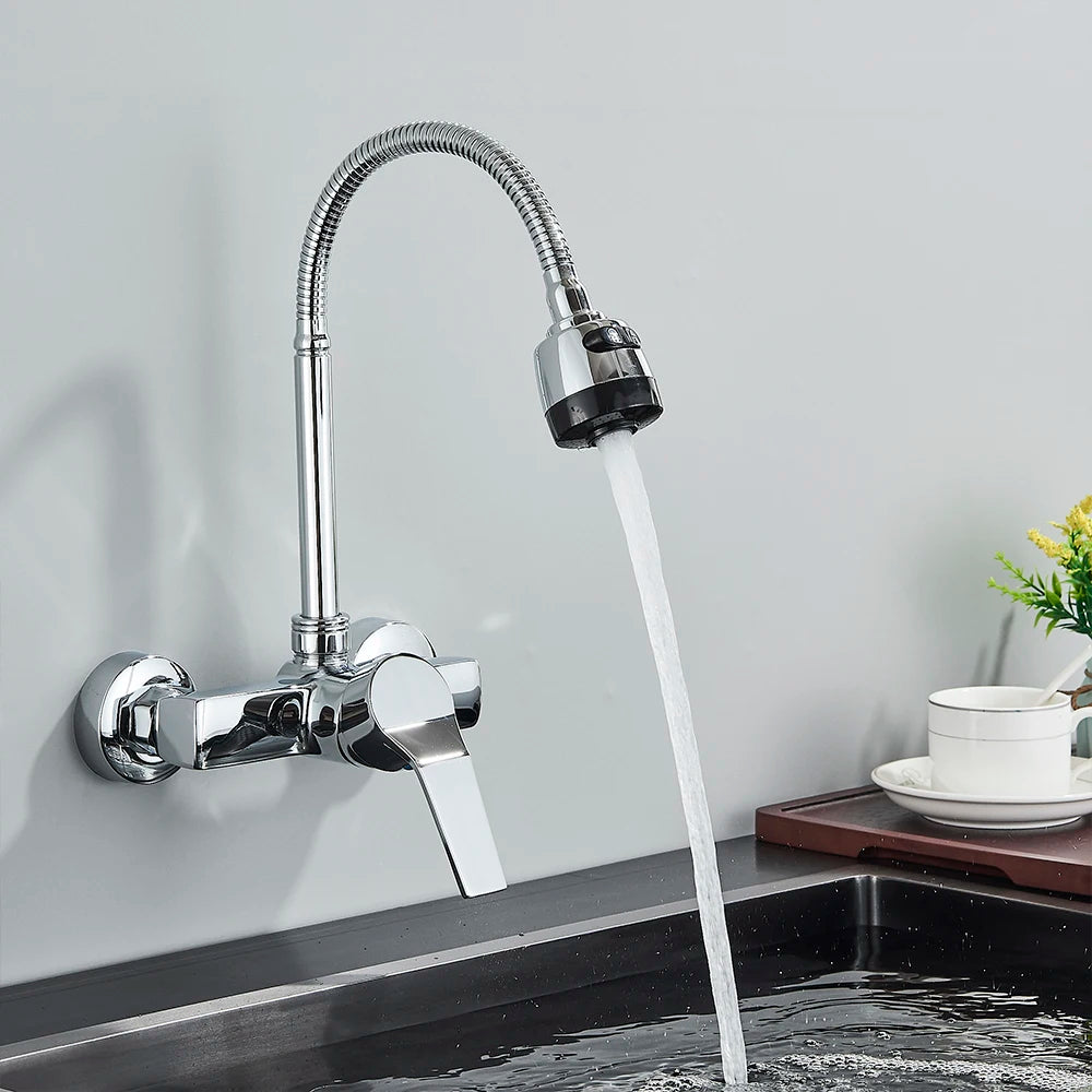 Wall Mounted Double Hole Kitchen Lead Free Hot and Cold Water Mixing Faucet Water Flow Spray Aerator 360 Degree Rotating Hose
