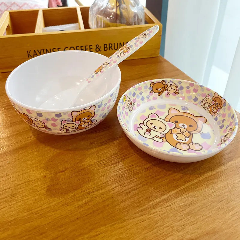 Rilakkuma Cute Tableware Bowl Spoons Forks Chopsticks Plate Fruit Snack Plate Food Bowl Cup Anti Drop Kitchen Tableware Gift
