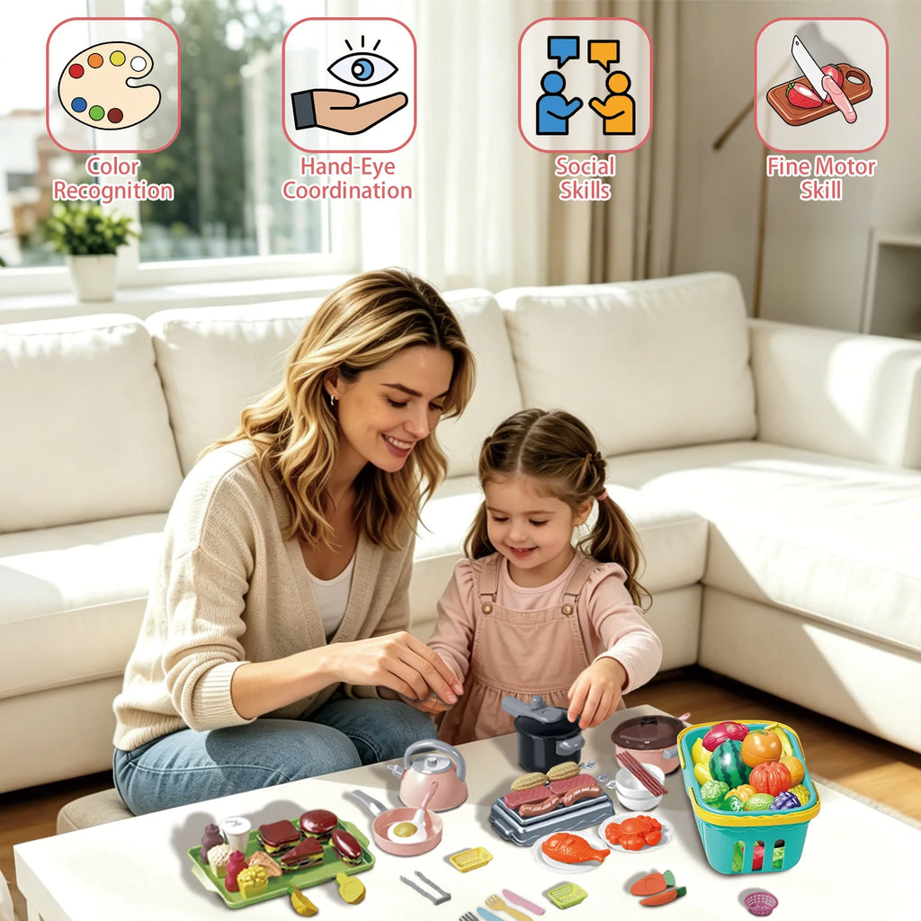 Kids Pretend Play Kitchen Set Simulation Cooking Toy Cutting Food Fruits Vegetables Cookware Pots Pans Gift Toddlers Boys Girls