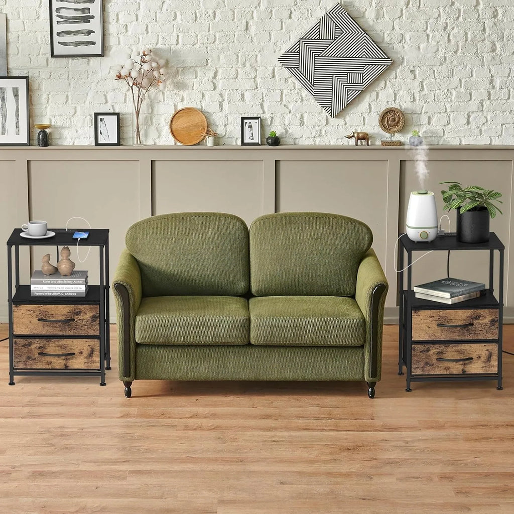 Nightstand with Charging Station - USB/Power, 2-Tier Bedside Table w/2 Drawers & Shelves, Compact for Bedroom/Living Room