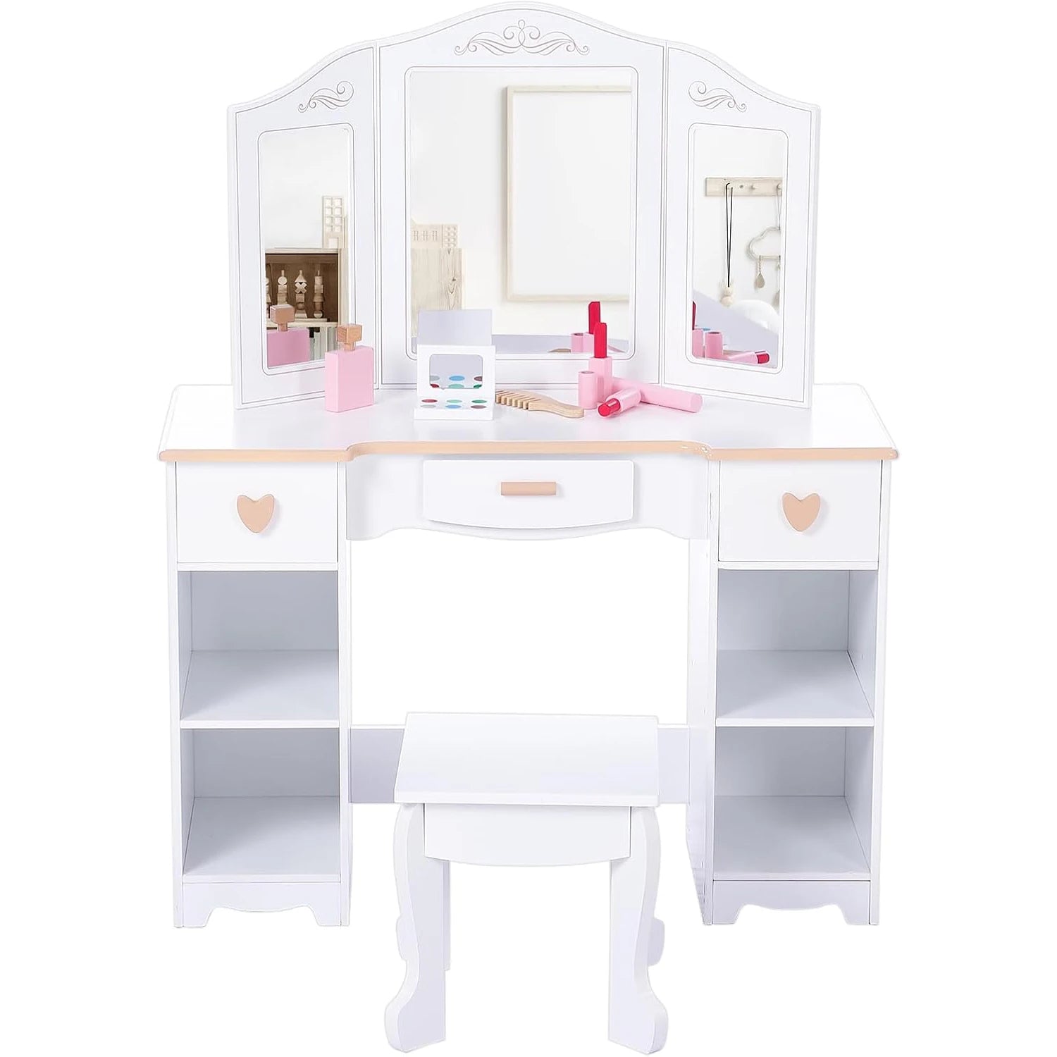 Princess Vanity Set for Kids White Makeup Table with Mirror Stool and Wooden Play Makeup Accessories