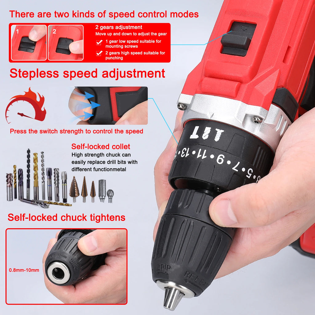 3-in-1 Multipurpose Electric Drill Cordless Impact Drill Speed Adjustable Electric Screwdriver Applicable to 21V Lithium Battery