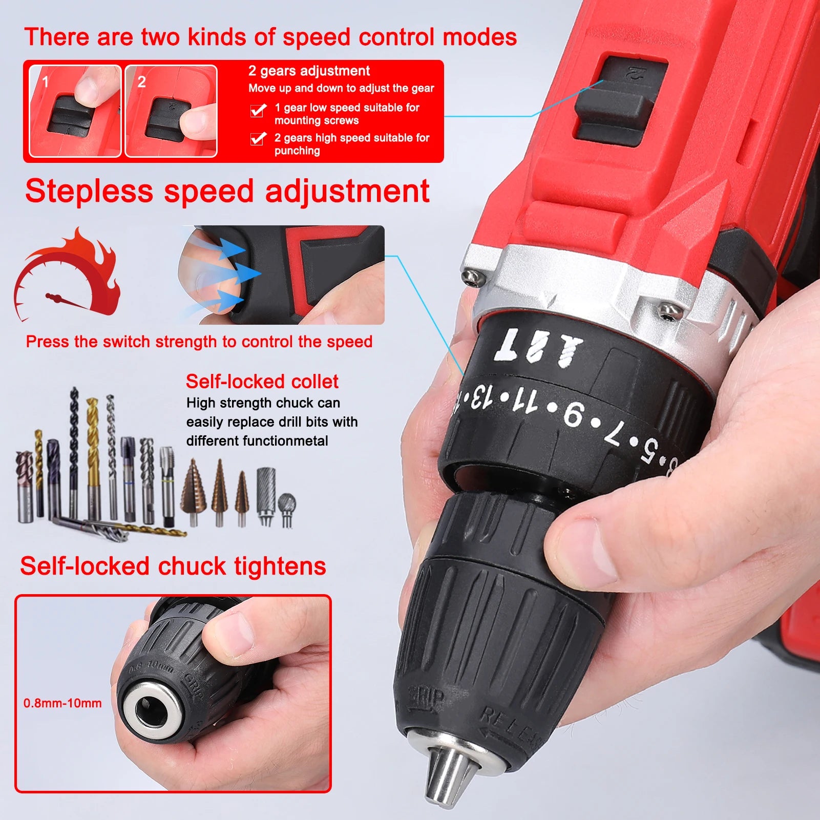 3-in-1 Multipurpose Electric Drill Cordless Impact Drill Speed Adjustable Electric Screwdriver Applicable to 21V Lithium Battery
