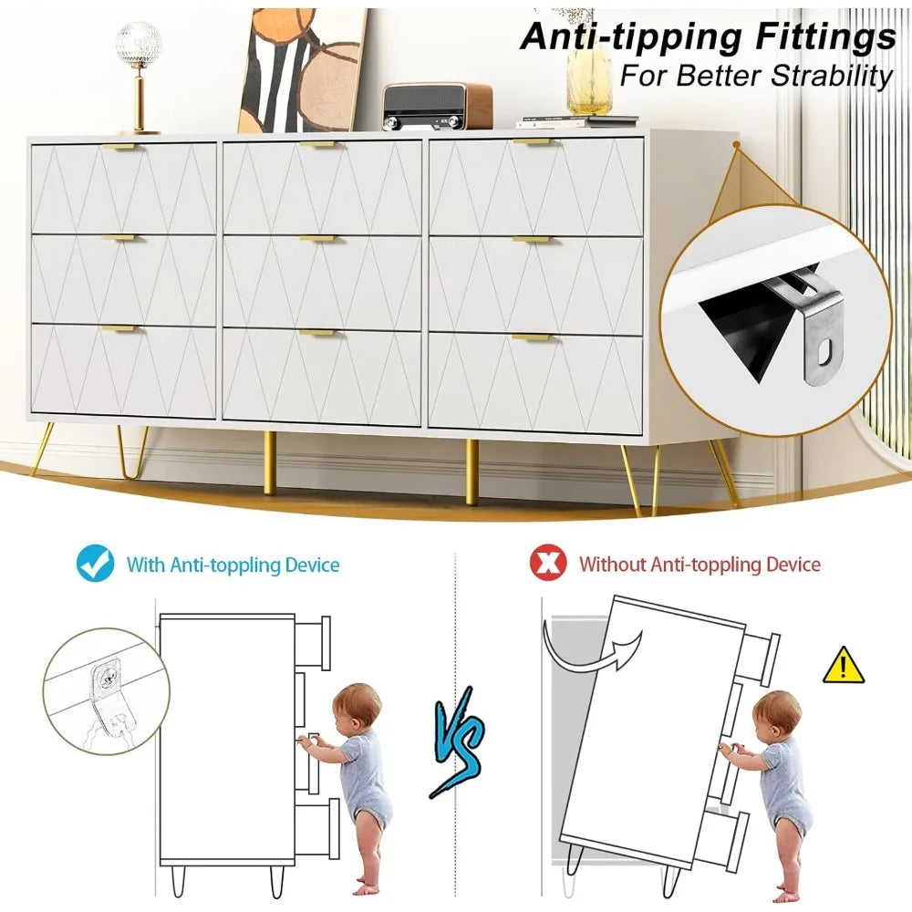 White 9 Drawer Dresser for Bedroom with Deep Drawers, Wood Dressers & Chest of Drawers with Gold Handles, Modern Long Dressers