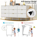White 9 Drawer Dresser for Bedroom with Deep Drawers, Wood Dressers & Chest of Drawers with Gold Handles, Modern Long Dressers