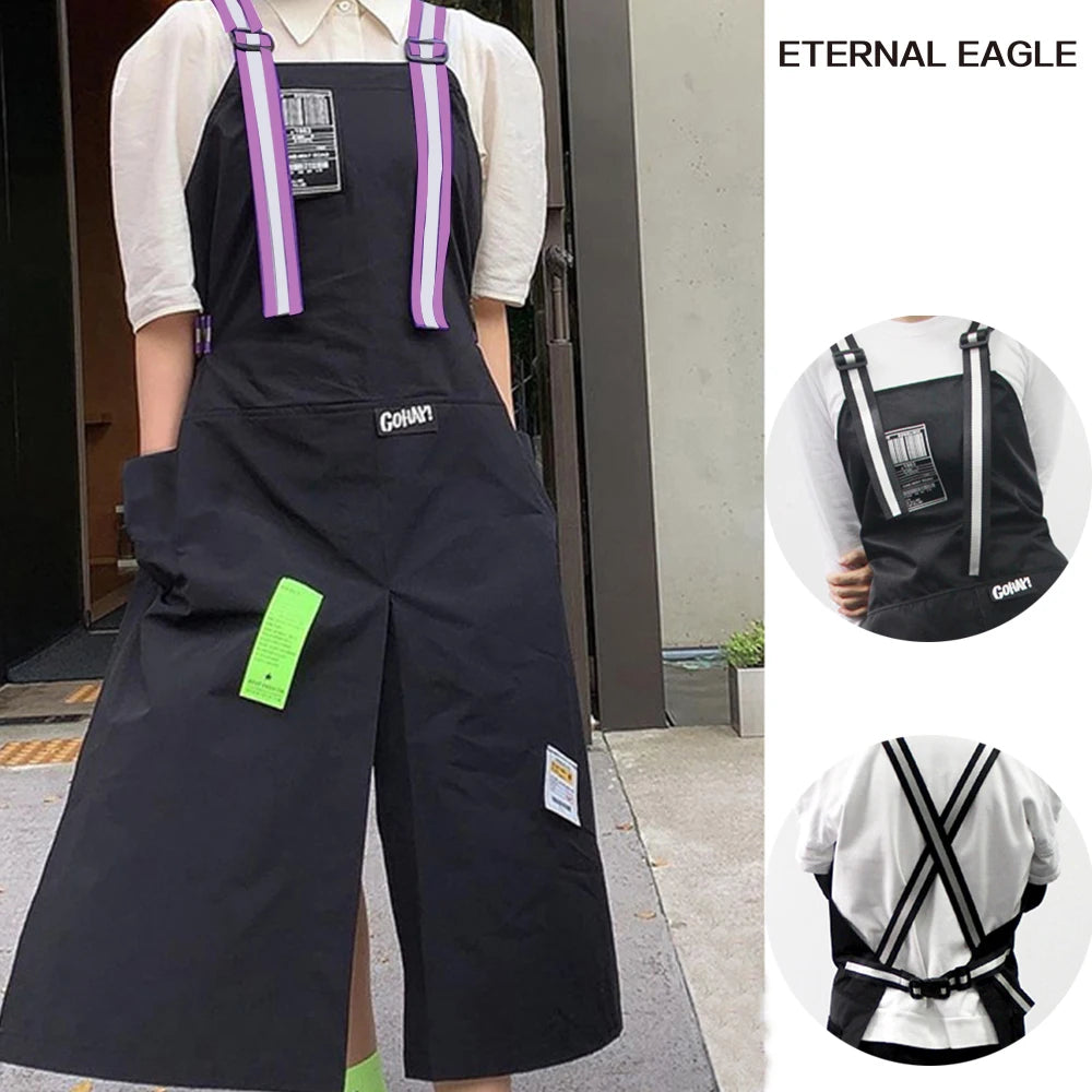 New Trendy Aprons Waterproof Oil Resistant 2 Bags Bibs Coffee Shop Hairdresser Slit Overall Chef Adjustable Nail Salon Apron
