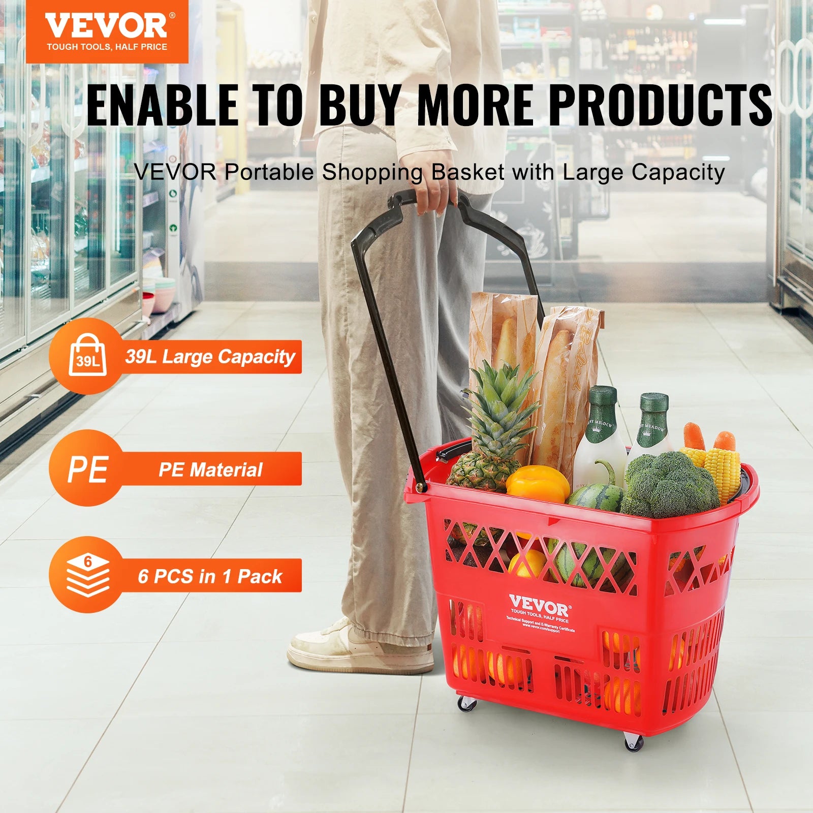 SucceBuy 6PCS Shopping Baskets 39L Rolling Shopping Carts with Handles & Wheels Portable  for Supermarkets Retail Stores Grocery