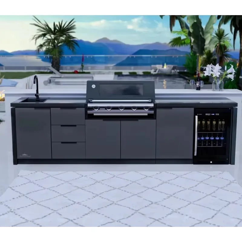 Outdoor bar kitchen setup with stainless steel doors and cabinet system