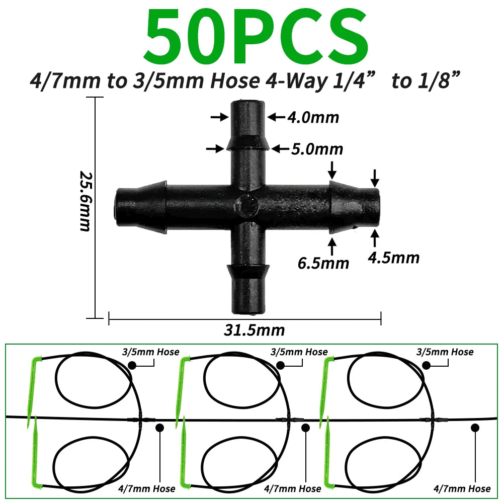 4/7mm Hose Dripper Water Tee Connector Plastic Barbed 1/4" Pipe Tubing Watering Coupling Joint Garden Micro Drip Irrigation Tool