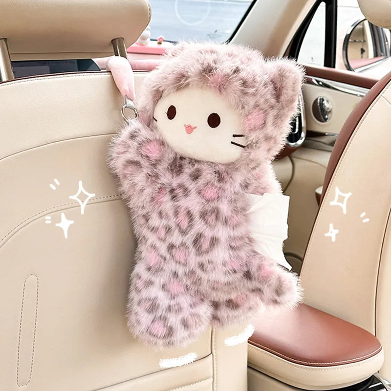Pink Leopard Print Cat Tissue Plush Toy Car Tissue Box Cute Toy Car Hanging Paper Box Golden Carving Printed Cat Tissue Box