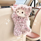 Pink Leopard Print Cat Tissue Plush Toy Car Tissue Box Cute Toy Car Hanging Paper Box Golden Carving Printed Cat Tissue Box