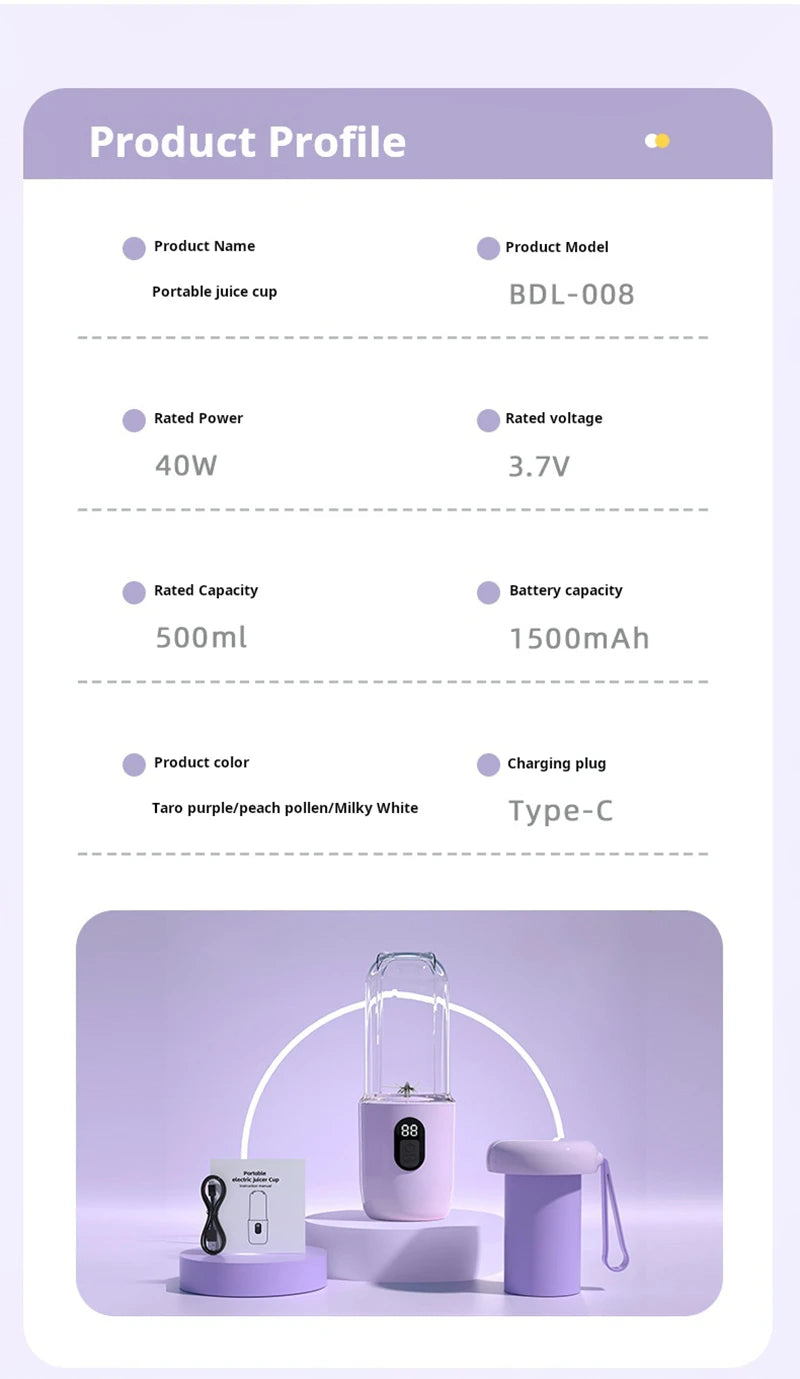 Xiaomi Portable Blender USB Rechargeable Cordless Mini Juicer Mixer for Smoothie Shake Protein Travel Sports Bottle Juicer Cup