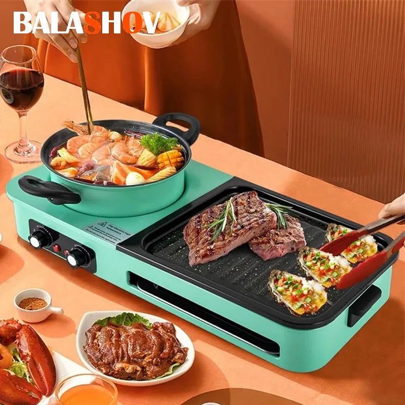 3 in 1 Korean Electric Baking Pan Soup Hot Pot Grill Plate Instant Kitchen Fondue Detachable and Washable Non-Stick Baking Pan