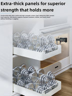 Kitchen storage rack with sliding rails, pull-out drawer-style storage tray, cabinet organizer