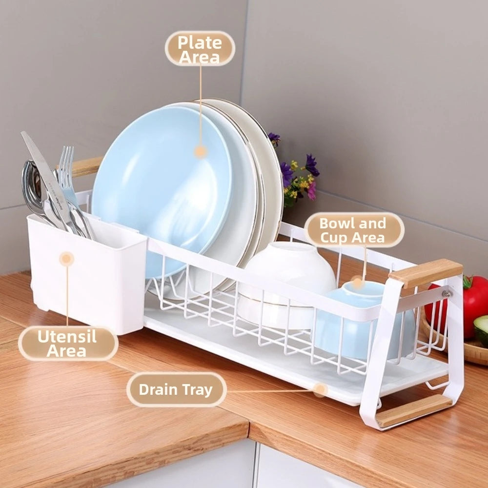 Detachable Kitchen Dish Rack Large Capacity Metal Frame Dish Drying Drain Rack Wooden Handle Dish Drainer Cutlery Cup Holders RV
