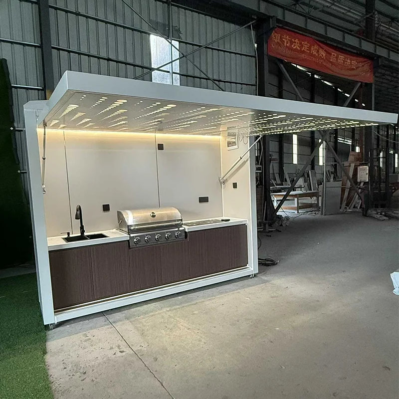 Customized integrated outdoor kitchen solution including design, gazebo structure and full cooking gear