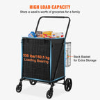 VEVOR Folding Shopping Cart with Removable Waterproof Liner 106/330LBS Large Capacity 360° Swivel Wheels Dense Metal Mesh Base