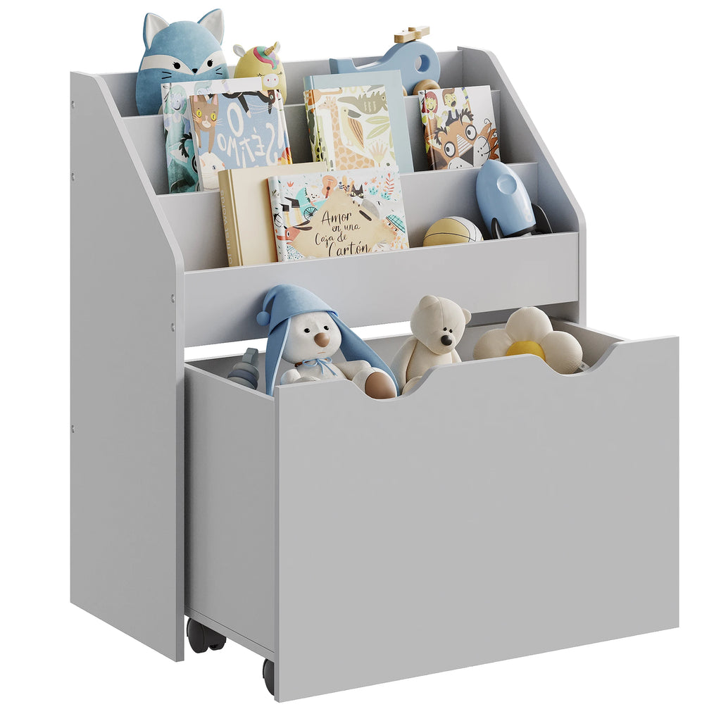 SONGMICS Kids Bookshelf and Toy Organiser, Toy Storage Chest and Bookcase with 3 Shelves, Storage Box with Wheels, Multipurpose