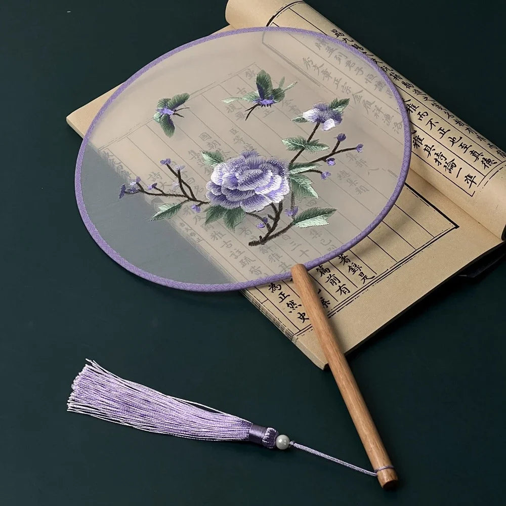 Chinese Ancient Style Round Fan Silk Embroidered Cheongsam Fan Dance Performance Photography Props Vintage Home Decor